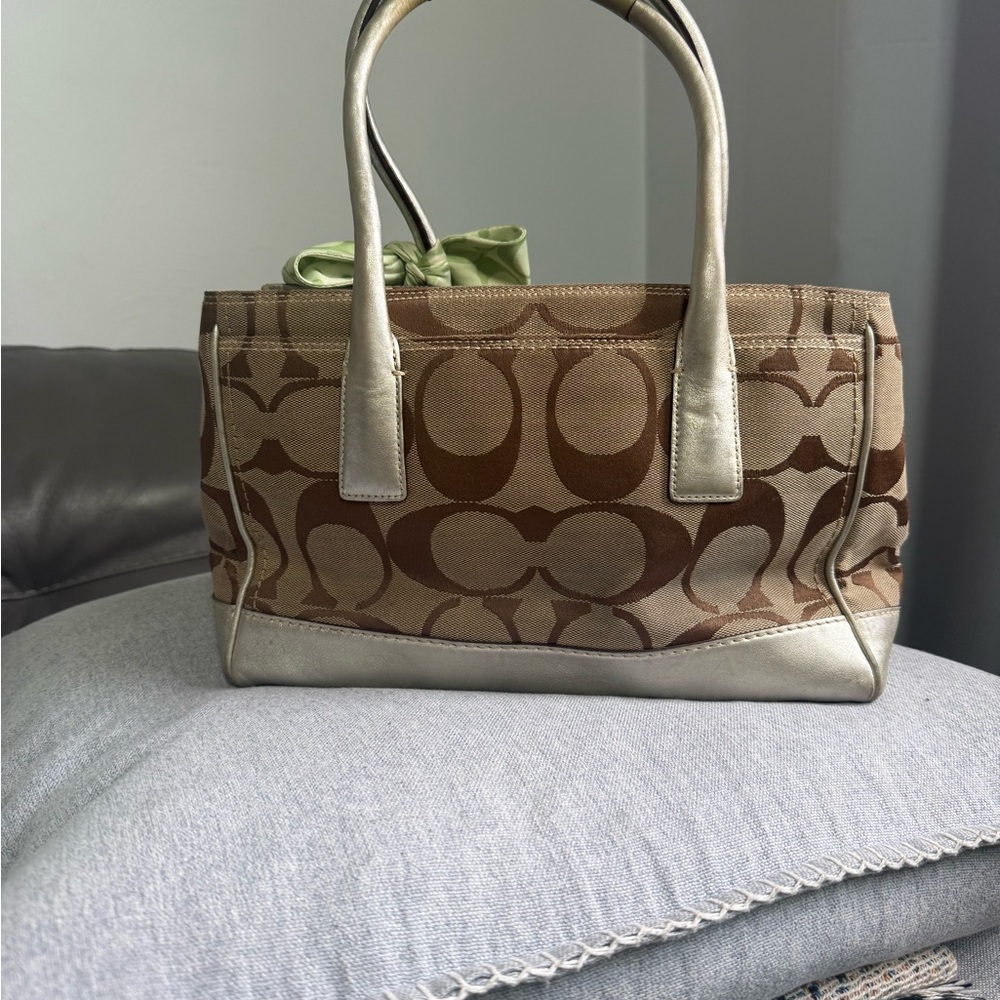 Coach Tan and Green Satchel with Bow Accent - Picture 9 of 10